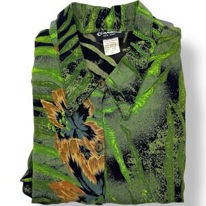 Caribou New York Green Brown Floral Rayon Short Sleeve Blouse 2X Women's